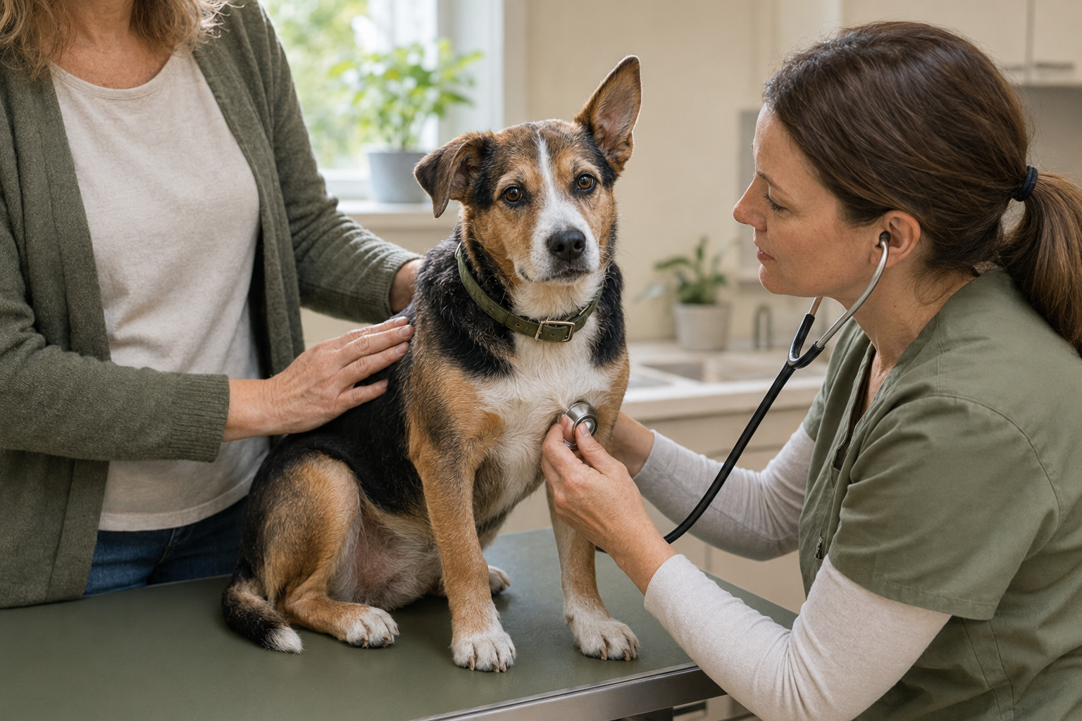 Veterinářka při preventivní kontrole staršího křížence v ordinaci